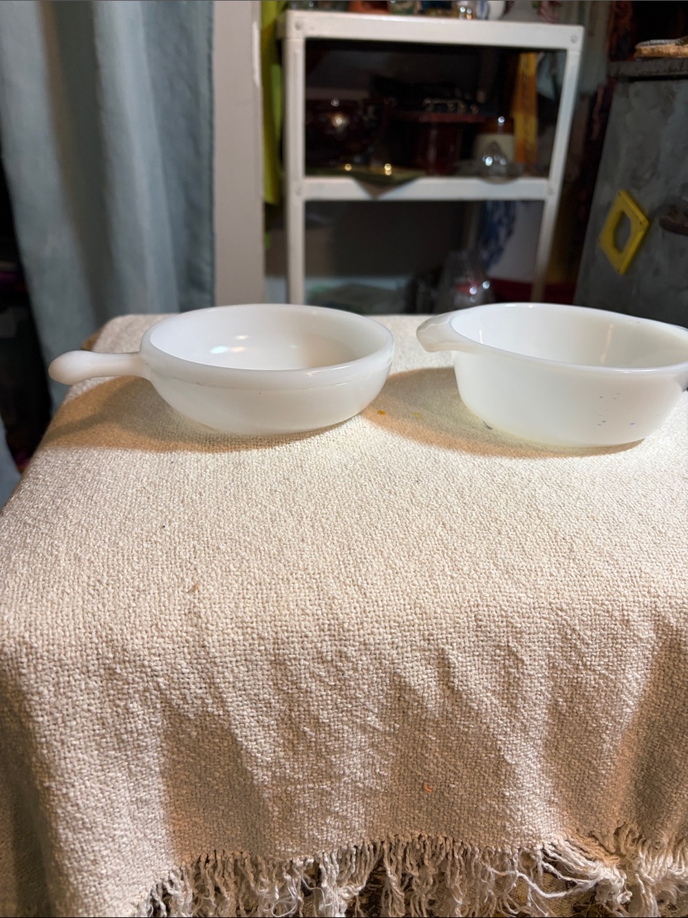 Vintage White Milk Glass Handled Soup Bowls Set of 2 - Fire-King & Glasbake